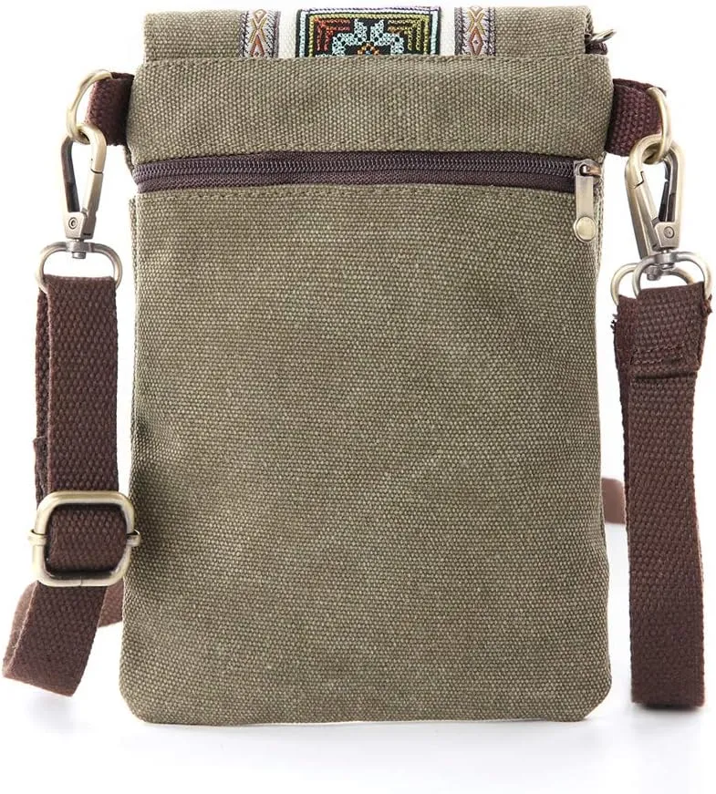 SILKAREA Vintage Embroidered Canvas Flip Small Crossbody Bag Cell Phone Pouch for Women Wristlet Wallet Bag Coin Purse