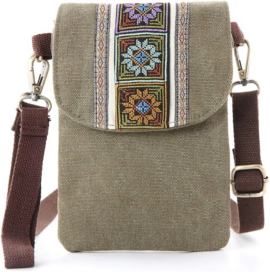 SILKAREA Vintage Embroidered Canvas Flip Small Crossbody Bag Cell Phone Pouch for Women Wristlet Wallet Bag Coin Purse