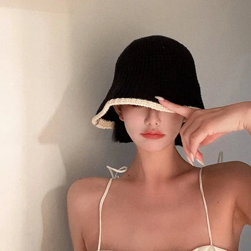 Sohiwoo Summer Knitted Bucket Hat Breathable Colorblock Women's Hip Hop Cap Men Foldable Bob Fisherman Hat Outdoor Travel Gorros Panama