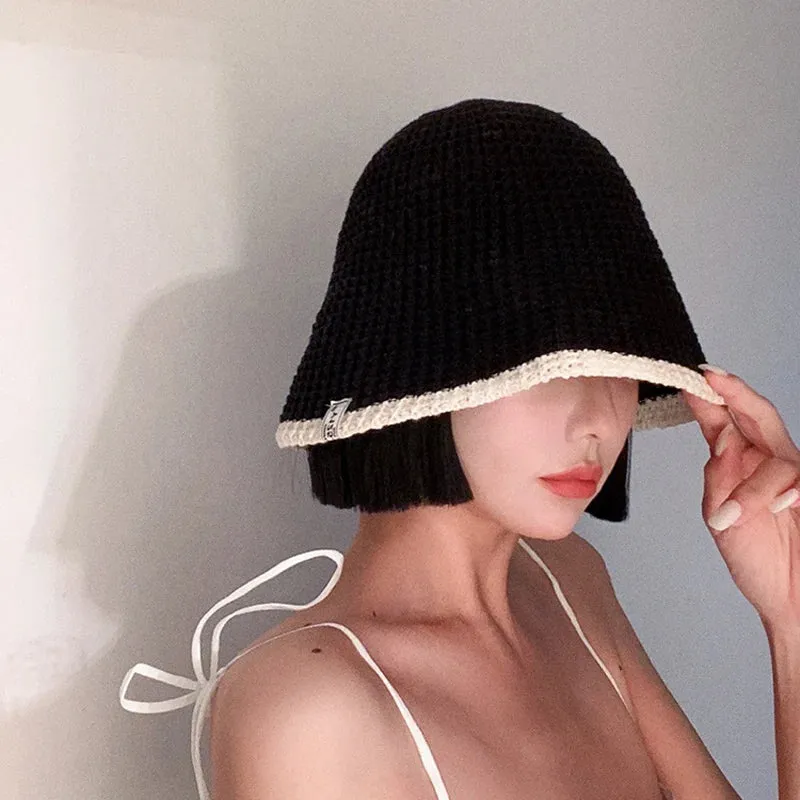 Sohiwoo Summer Knitted Bucket Hat Breathable Colorblock Women's Hip Hop Cap Men Foldable Bob Fisherman Hat Outdoor Travel Gorros Panama