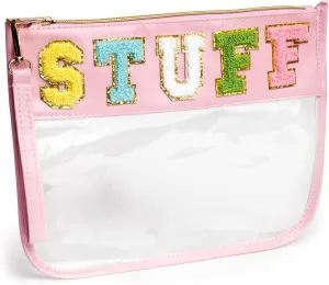 STUFF Clear Pouch Cosmetic Bag with PU Leather Material and Transparent PVC, Detachable Wristband for Convenience, Zipper Closure, Pink