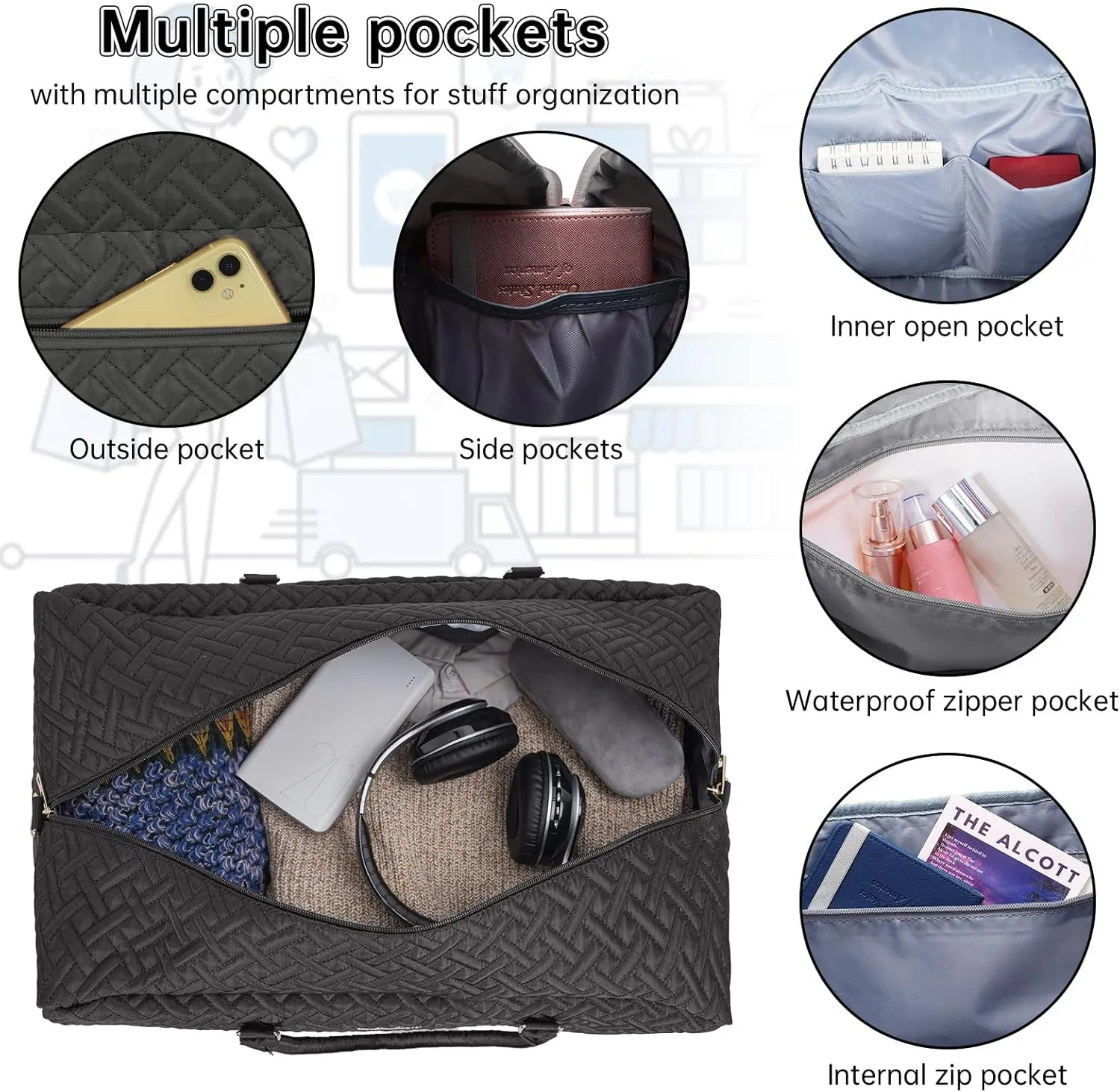 Weekender Bag for Women, 5 Pcs Set Carry on Overnight Bag, 23" Travel Duffel Bag with Waterproof Shoe Compartment