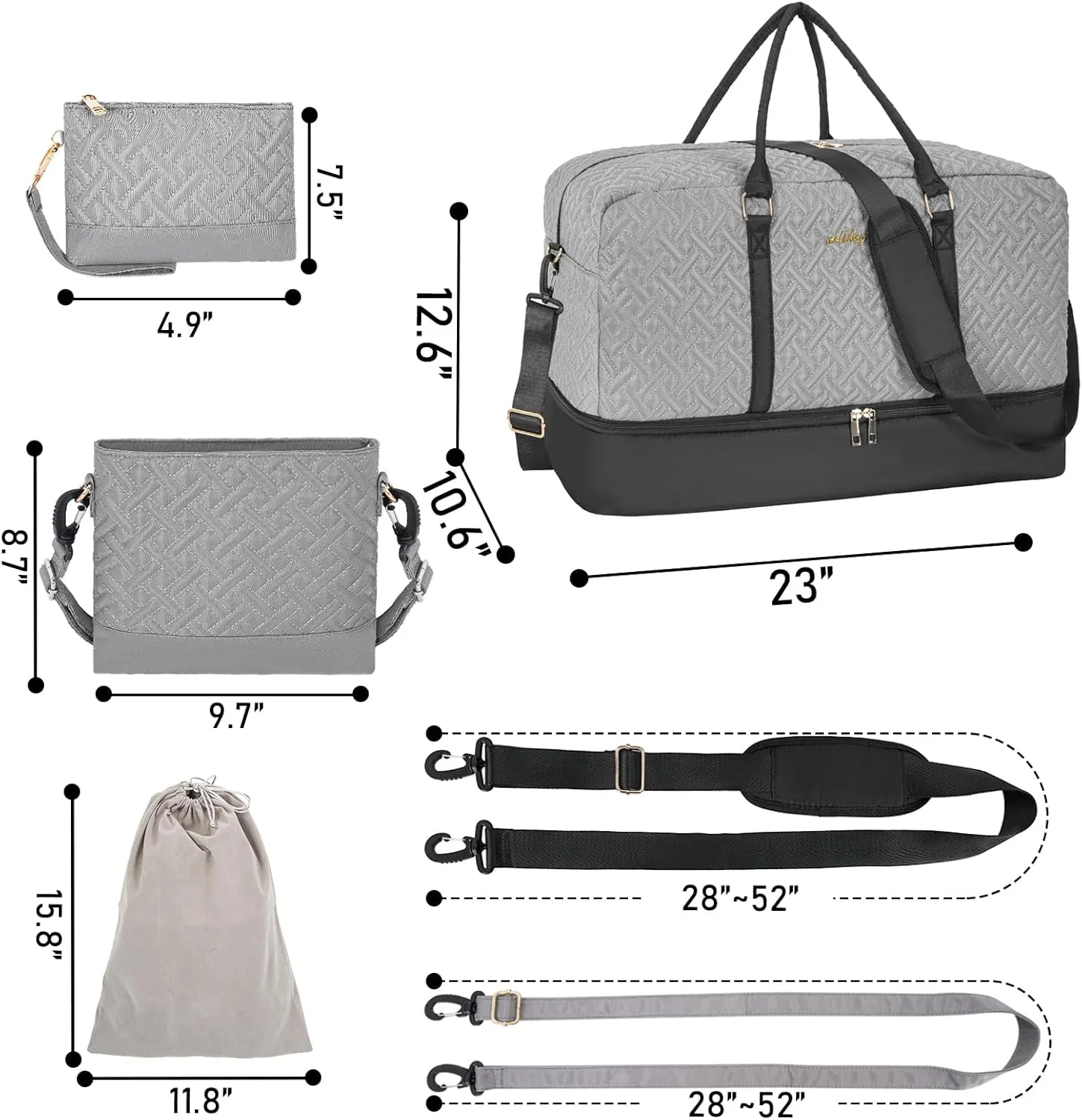Weekender Bag for Women, 5 Pcs Set Carry on Overnight Bag, 23" Travel Duffel Bag with Waterproof Shoe Compartment