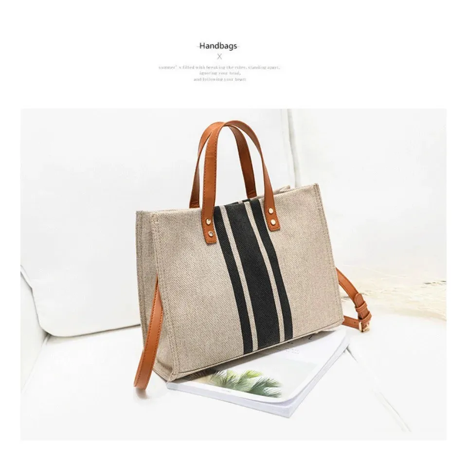 Women's Top Handbag Large Capacity Casual Shoulder Crossbody Simple Canvas Stripe Decoration Bucket Tote Bag