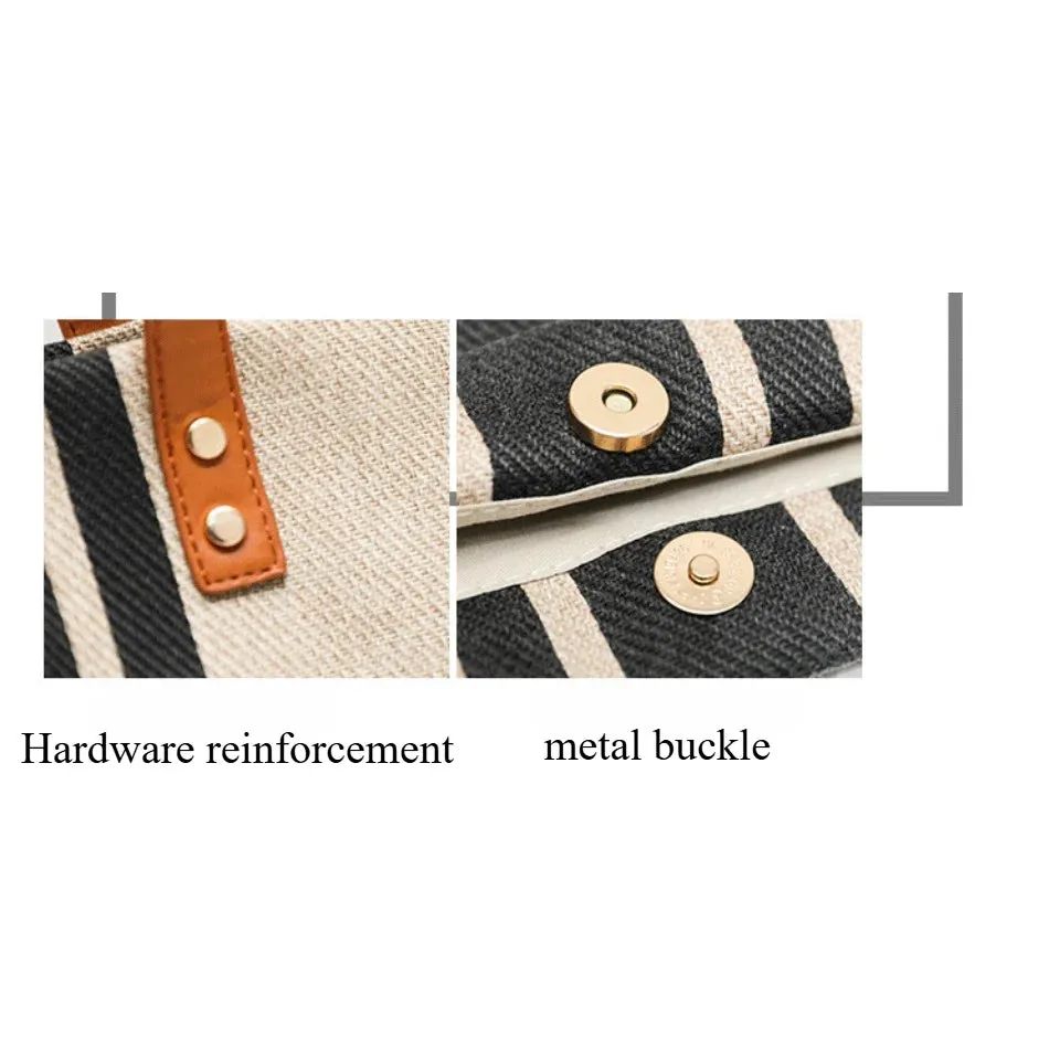 Women's Top Handbag Large Capacity Casual Shoulder Crossbody Simple Canvas Stripe Decoration Bucket Tote Bag