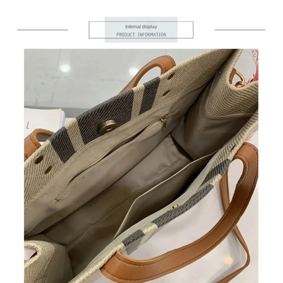 Women's Top Handbag Large Capacity Casual Shoulder Crossbody Simple Canvas Stripe Decoration Bucket Tote Bag