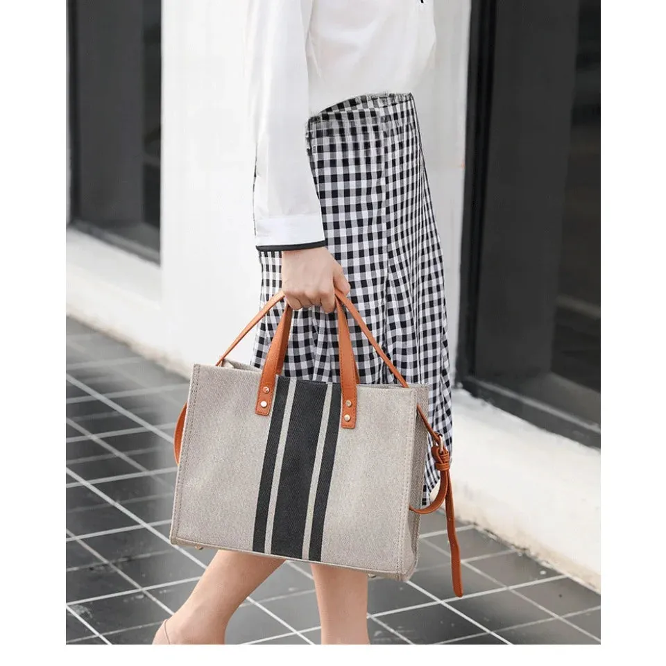 Women's Top Handbag Large Capacity Casual Shoulder Crossbody Simple Canvas Stripe Decoration Bucket Tote Bag