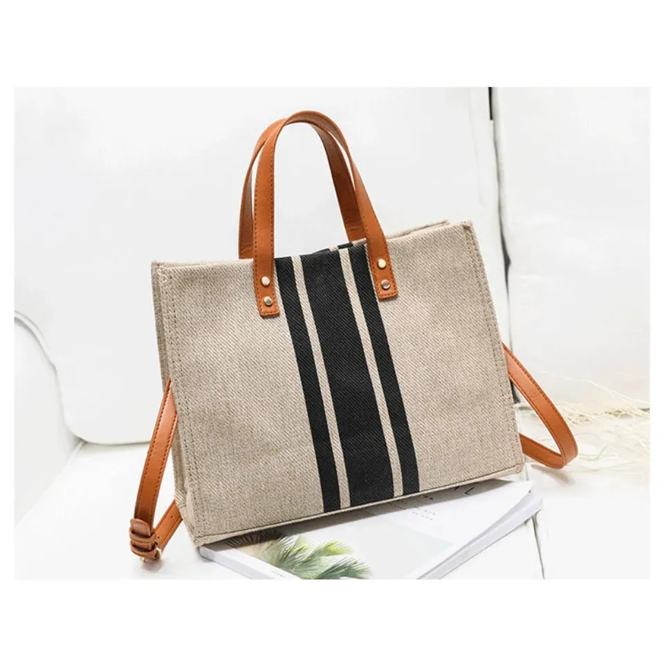 Women's Top Handbag Large Capacity Casual Shoulder Crossbody Simple Canvas Stripe Decoration Bucket Tote Bag