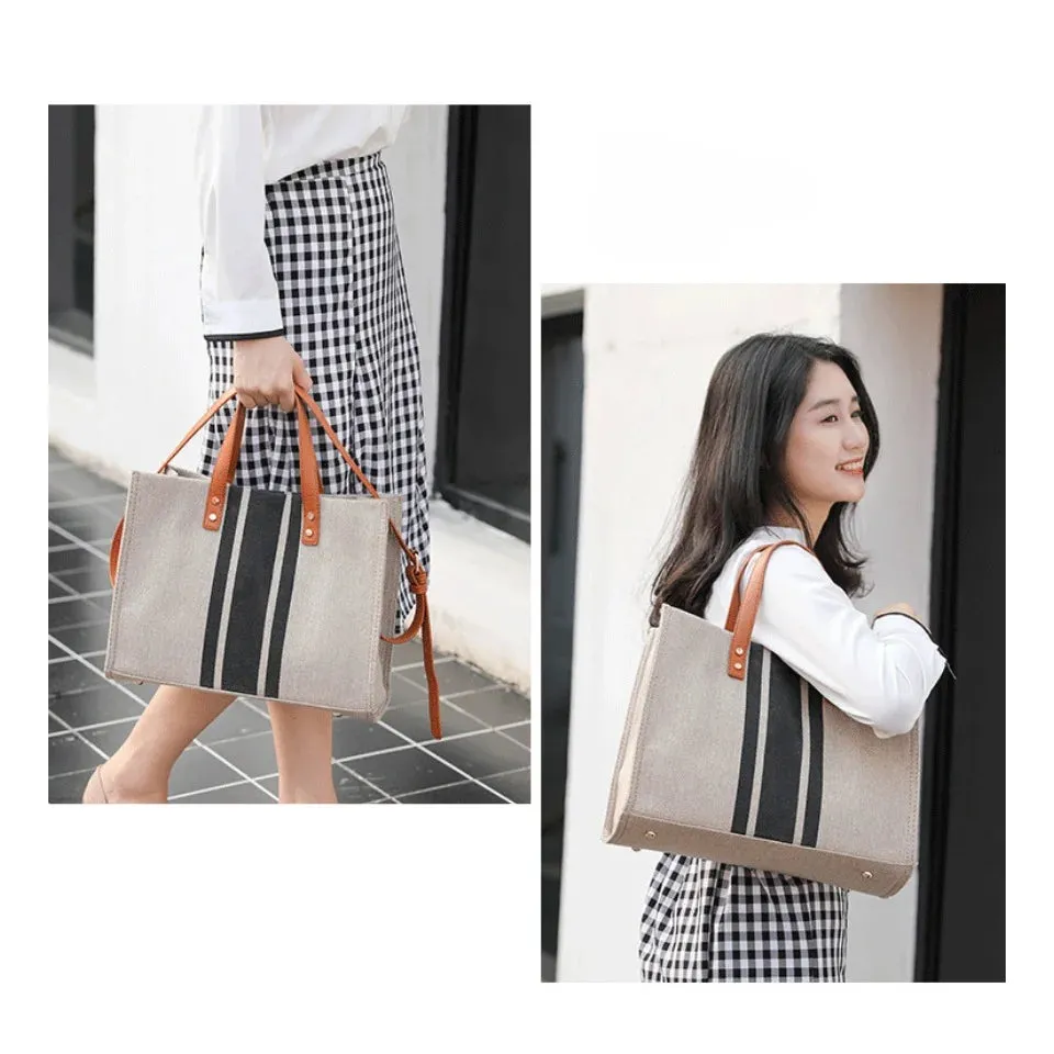 Women's Top Handbag Large Capacity Casual Shoulder Crossbody Simple Canvas Stripe Decoration Bucket Tote Bag