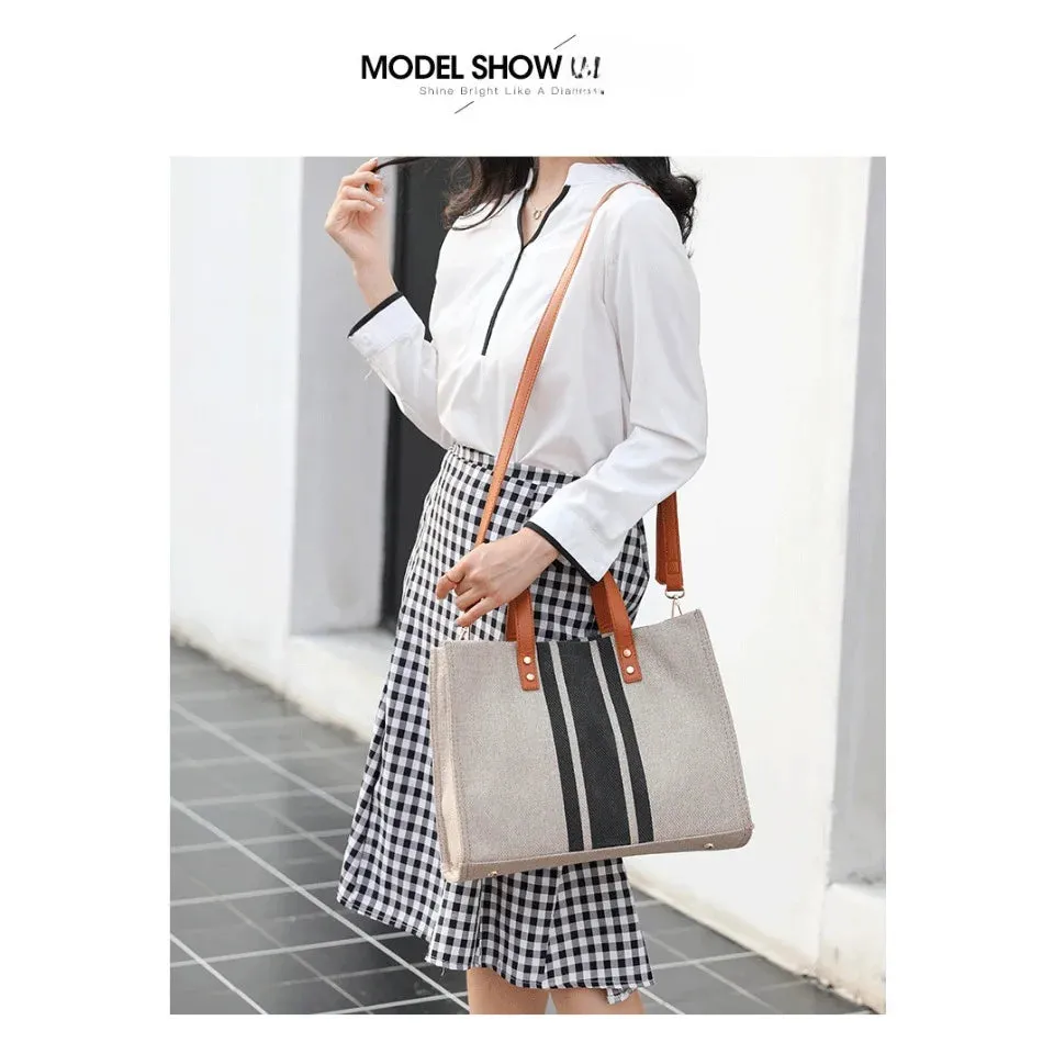 Women's Top Handbag Large Capacity Casual Shoulder Crossbody Simple Canvas Stripe Decoration Bucket Tote Bag