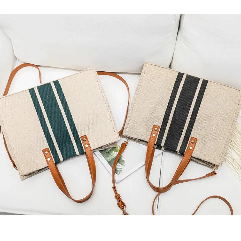 Women's Top Handbag Large Capacity Casual Shoulder Crossbody Simple Canvas Stripe Decoration Bucket Tote Bag
