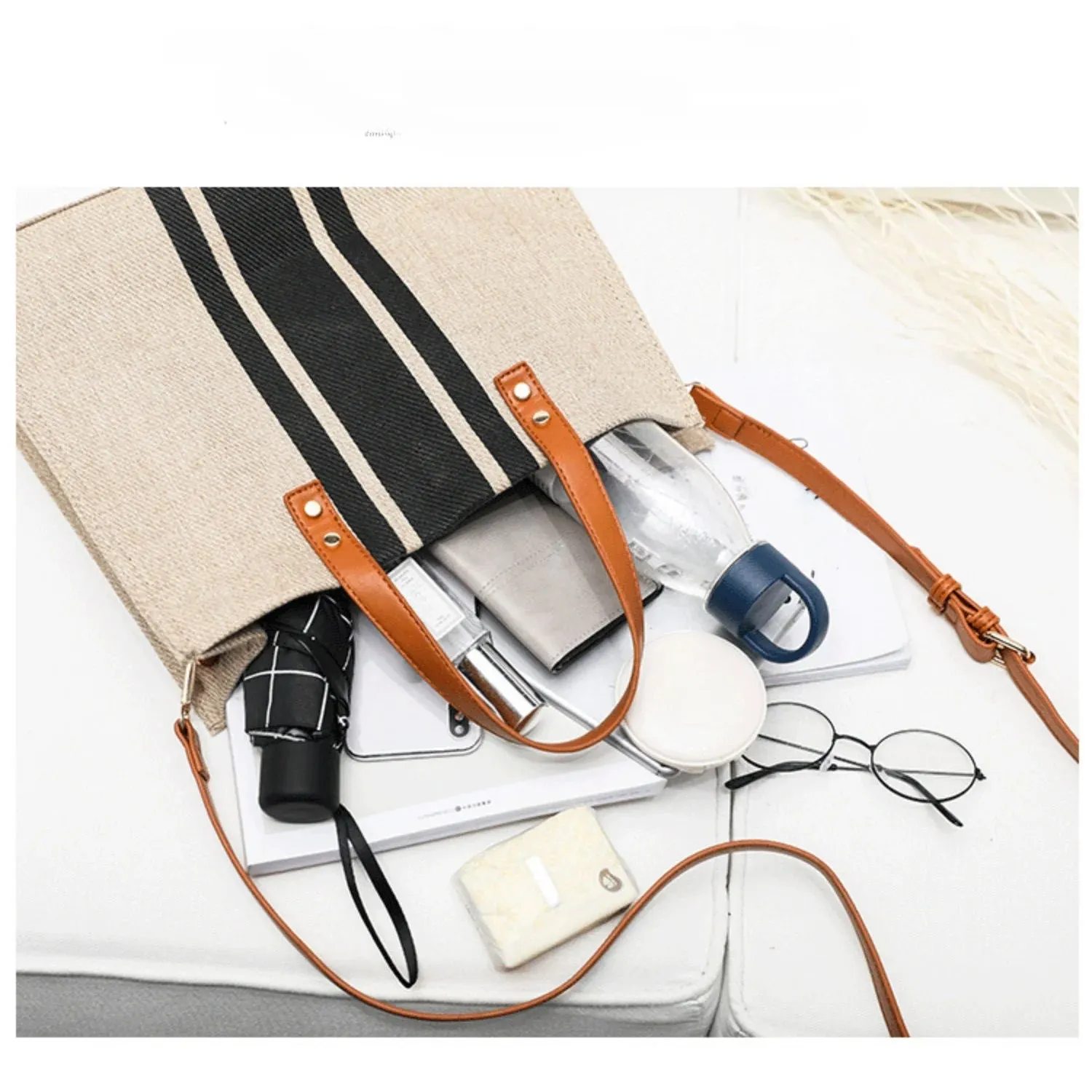 Women's Top Handbag Large Capacity Casual Shoulder Crossbody Simple Canvas Stripe Decoration Bucket Tote Bag