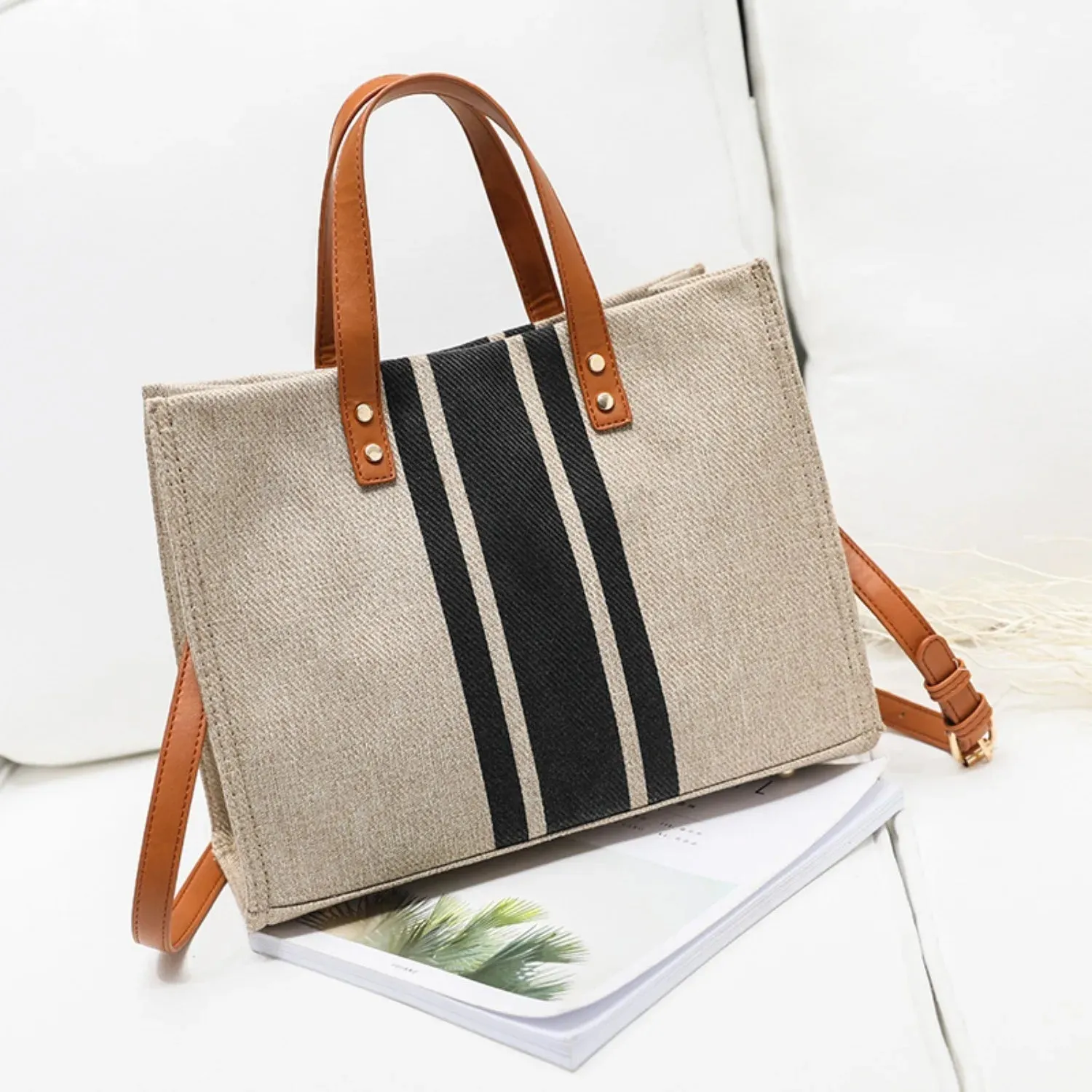 Women's Top Handbag Large Capacity Casual Shoulder Crossbody Simple Canvas Stripe Decoration Bucket Tote Bag